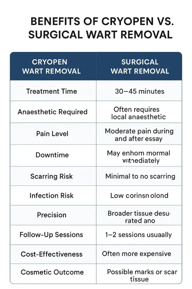 Table showing the benefits of cryopen to remove warts Bingley compared to surgical treatment